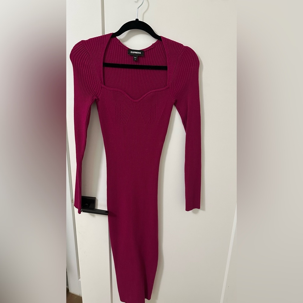Express Ribbed Long Sleeve Bodycon Dress in Magenta